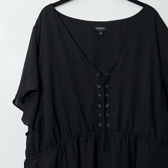 Torrid Black Babydoll Georgette Lace-Up Blouse Lace Front Tie Woman's Size 5X - Picture 10 of 16